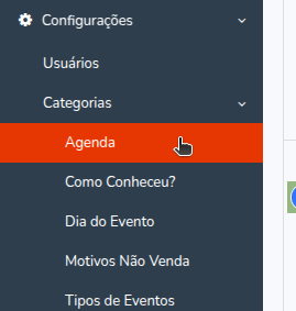 Menu de configurações com a opção Categorias da Agenda